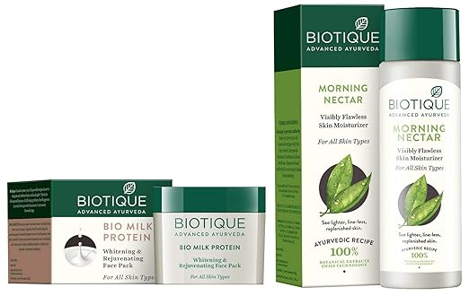 Biotique Bio Milk Protein Whitening & Rejuvenating Face Pack For All Skin Types,  50G and Biotique Morning Nectar Flawless Skin Lotion for All Skin Types, 190ml