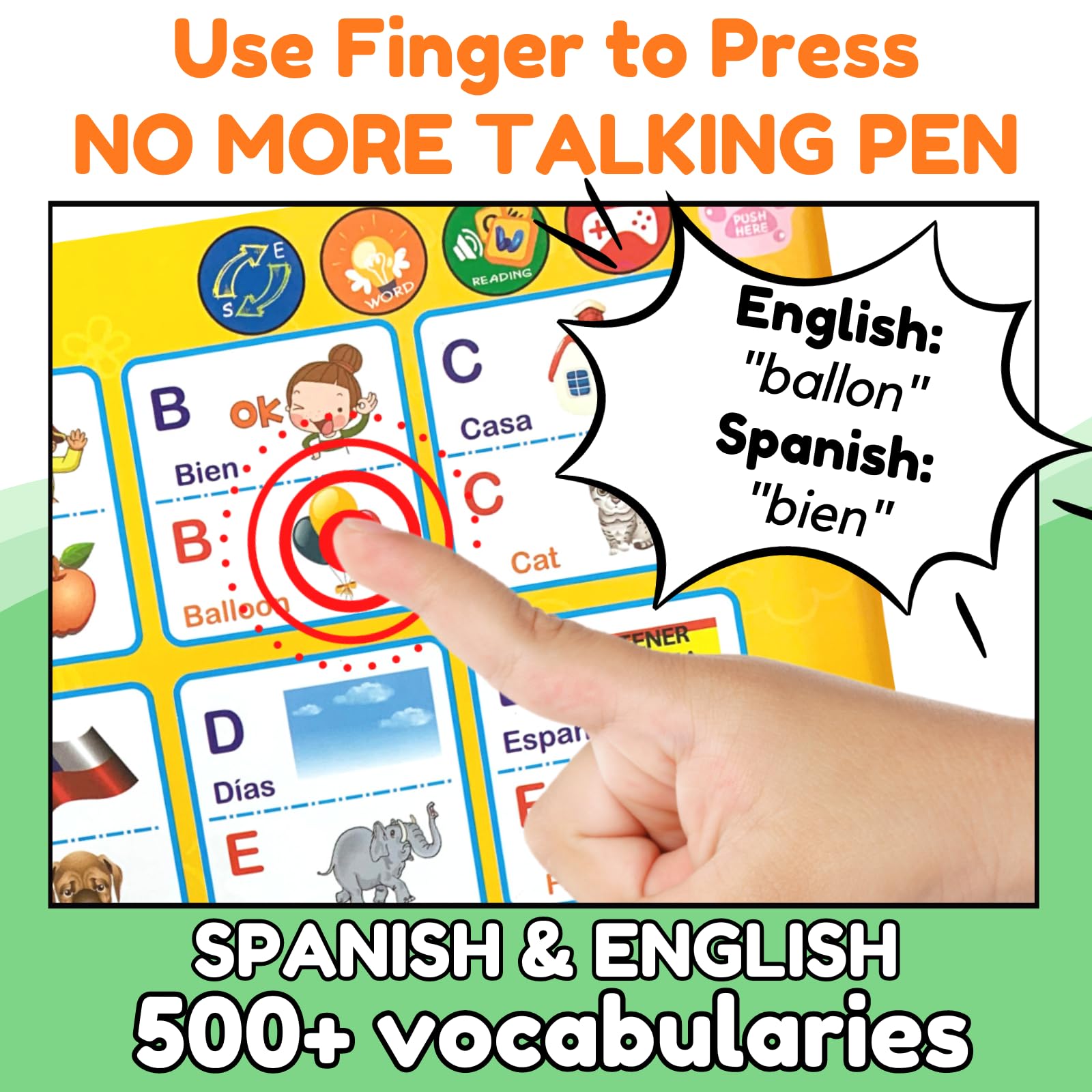 ZEENKIND Spanish & English Talking Learning Book for Kids 2 3 4 5 6 Years Old, Interactive Audio Sound Books, Toddler Educational Toy to Learn Spanish, Electronic Bilingual Toys, Juegos para Niños
