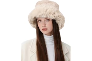 BFONS Fuzzy Bucket Hat for Women Russian Winter Wide Brim Fluffy Faux Fur Plush Warm Hats Cute Snow Fisherman Cap