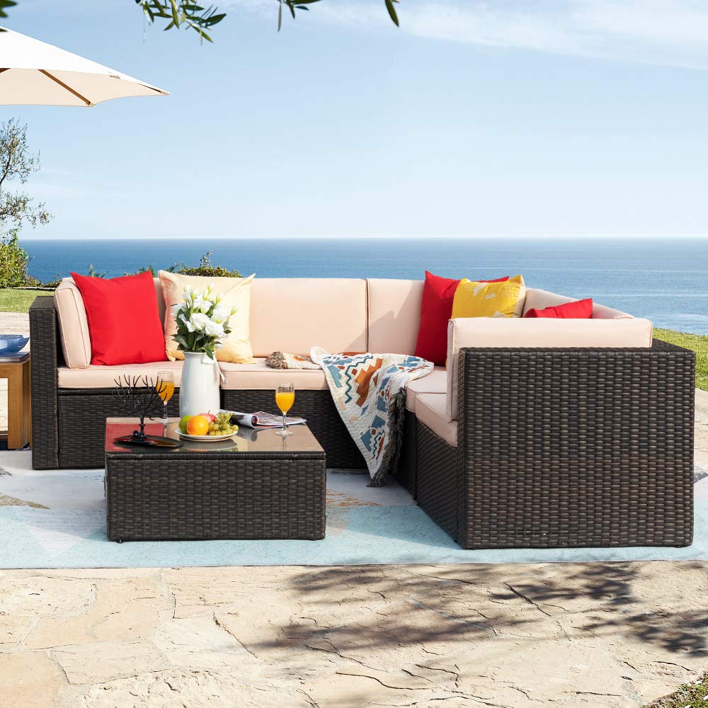Homall Patio Furniture 6 Pieces Sets Outdoor Sectional Sofa All Weather PE Rattan Patio Conversation Set Manual Wicker Couch with Cushions and Glass Table (Beige)