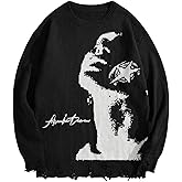 BEAUDRM Men's Y2k Aesthetic Graphic Sweater Raw Hem Crewneck Knitted Sweater Casual Pullover Long Sleeve Jumpers