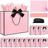 Ethhqu 12 Pack Gift Bags with Handles Include Tissue Papers & Cards, Medium Size 12.6×10×4'' Thank You Gift Bags Medium Size for Birthday, Mother's Day, Wedding, Bridesmaids (Pink and Black)