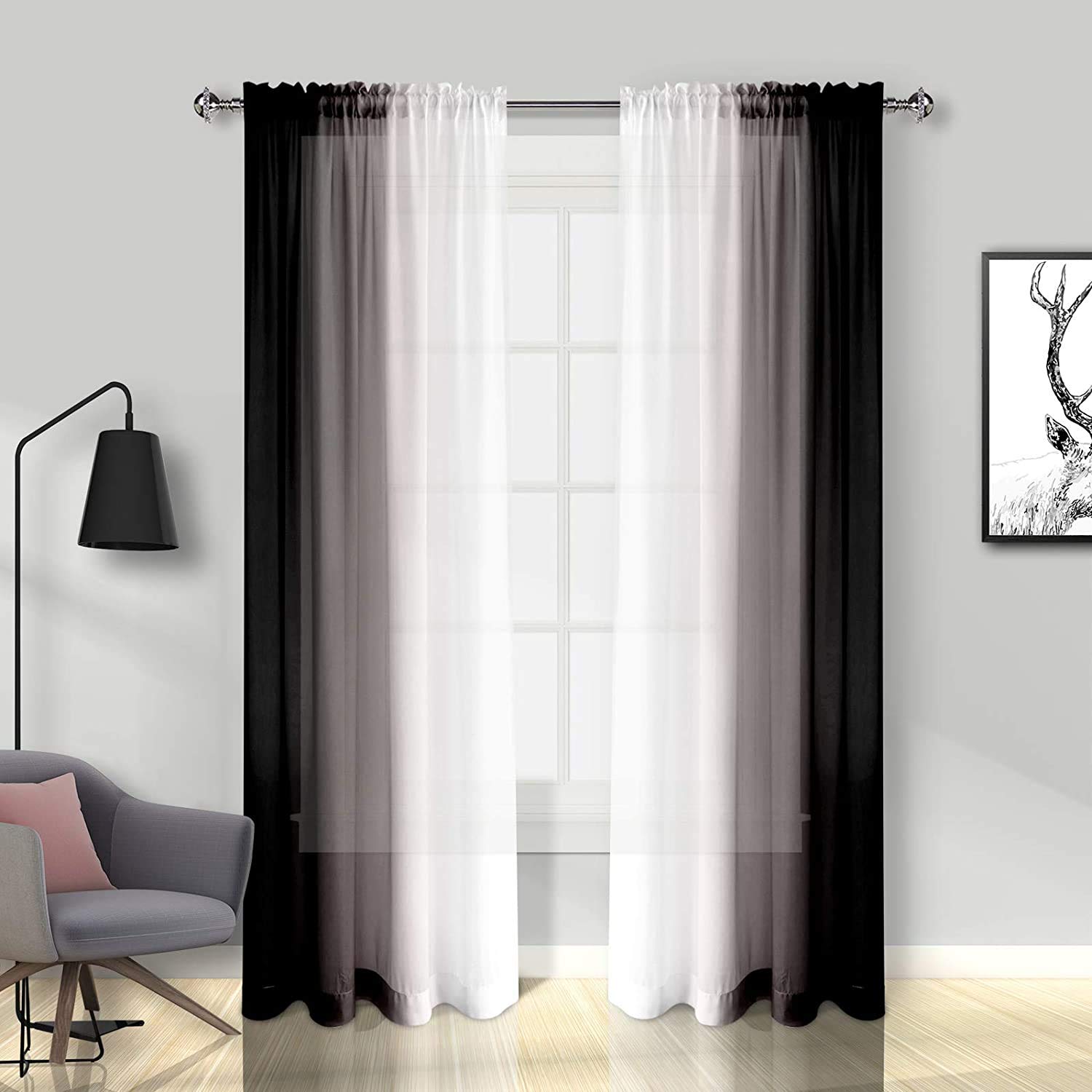 Melodieux Chiffon Window Curtains - Lightweight Ombre Sheer, Elegant Gradient, Rod Pocket, Easy Installation, Casual Window Panel for Home Office (56x90 inch, 2 Panels)