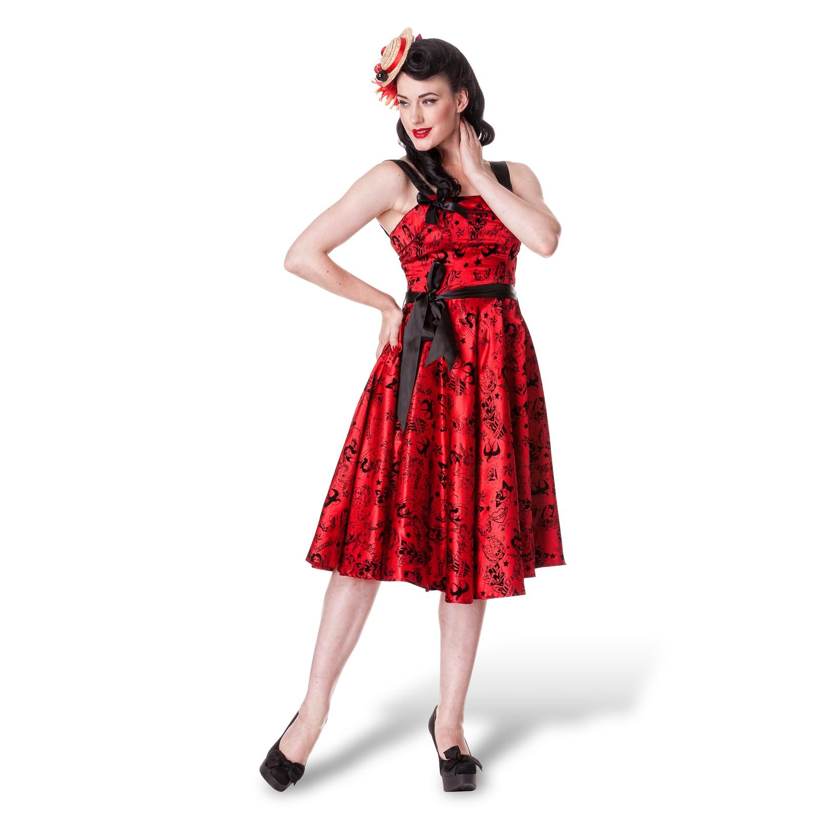 Hell Bunny 50’s Liv Velvet Tattoo Rose Dress - UK 10 (S)