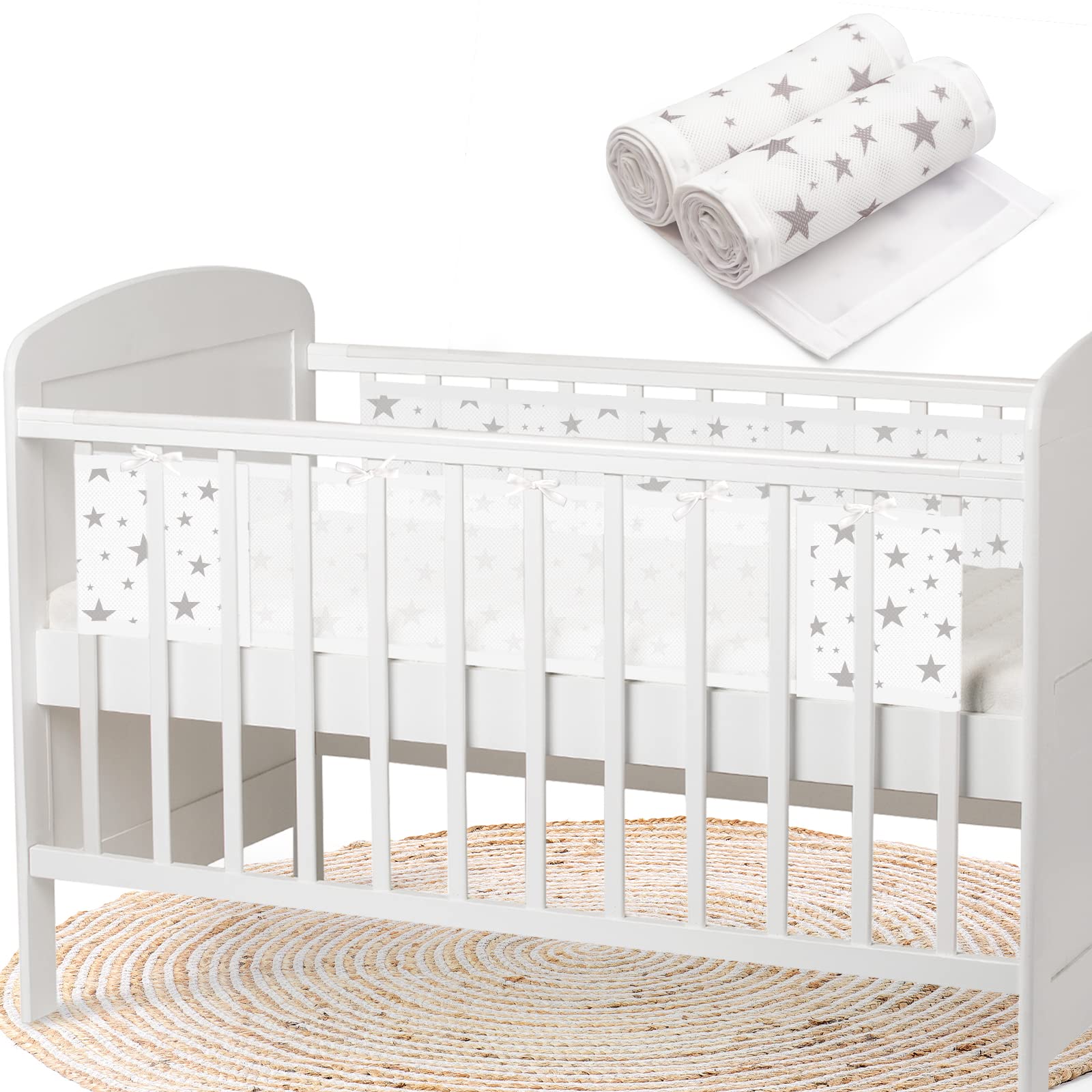 WYSWYG Breathable Mesh Cot Bumper, 2 Pieces of Adjustable Baby Cot Bumper Set for Cot with Easy Install Velcro for All Sorts of Cribs,170 cm, White Star