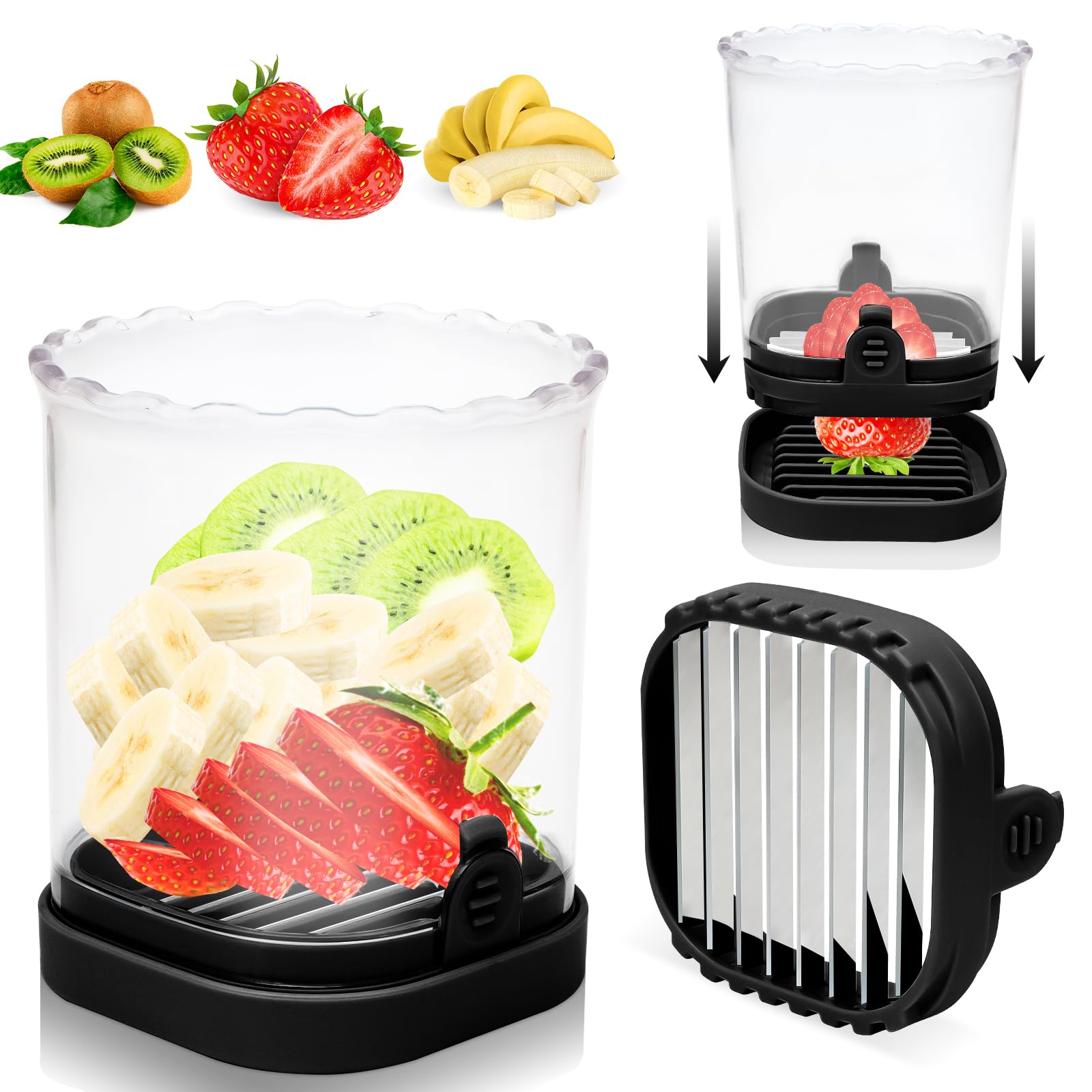 Photo 1 of Fruit Slicer Cup, 2024 NEW Strawberry Slicer, Banana Slicer, Grape Cutter, Stainless Steel Egg Slicers, Removable Design Fruit Cutter Slicer, Creative Convenient Kitchen Gadget (Black)