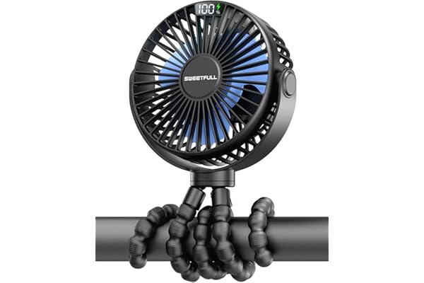 SWEETFULL Portable Stroller Fan, LED Display 6000mAh Battery Operated Mini Clip Fan, 4 Speed Rechargeable Small Personal Fan 