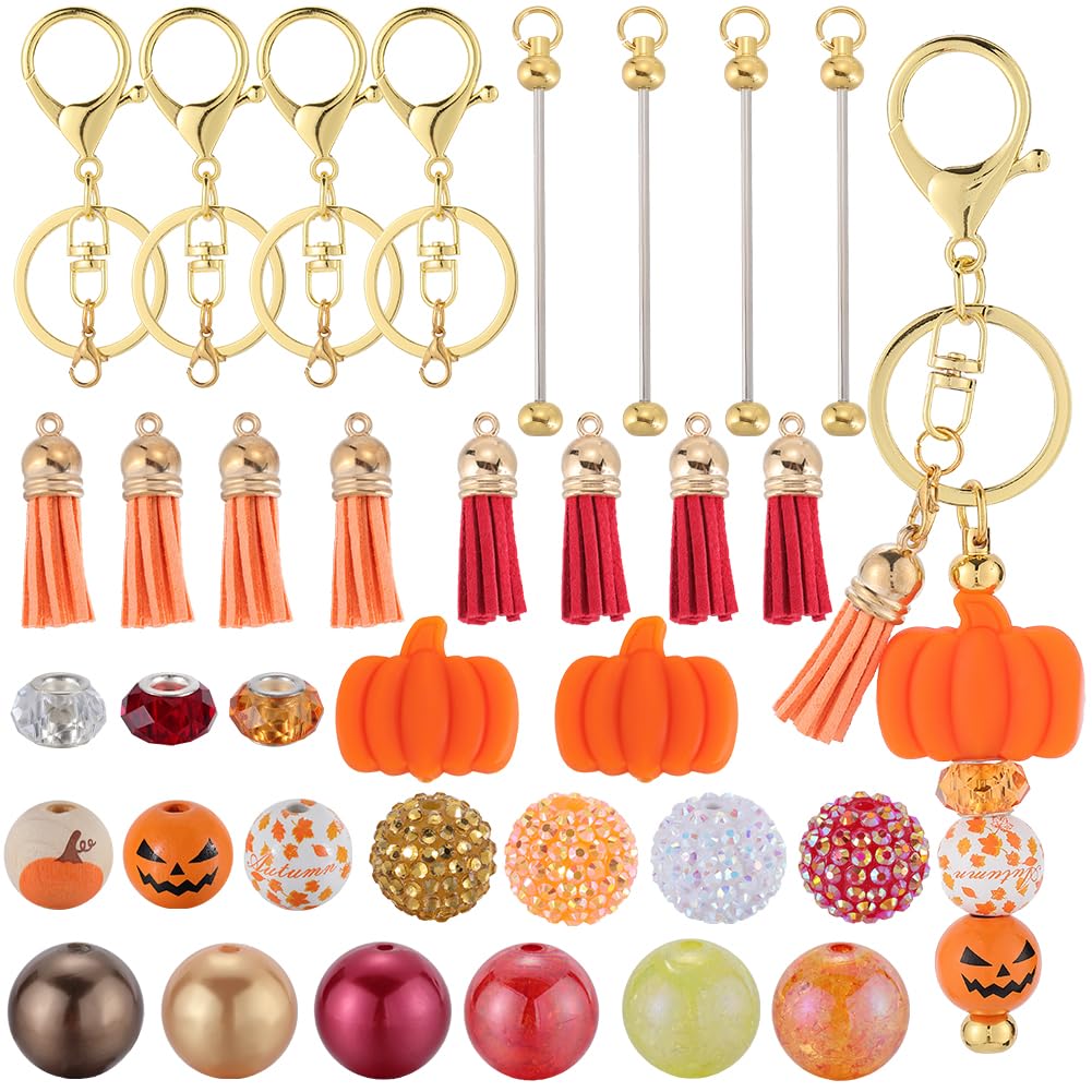 SUNNYCLUE DIY 10 Sets Beadable Bar Keychain Kit Thanksgiving Day Beaded Keychain Bars Wooden Pumpkin Bead Autumn Fall Rhinestone Beads for Keychains Crafts Women Adults Gift Party Favor Supplies