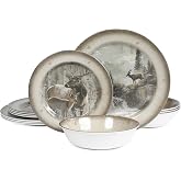 Melamine Dinnerware set for 4-12 PCS Deer Dinner Plates Bowls Set | Service for 4, Lodge Cabin Style Durable BPA Free Dishwasher Safe Shatter-Proof Chip Resistant for Indoor Outdoor Use