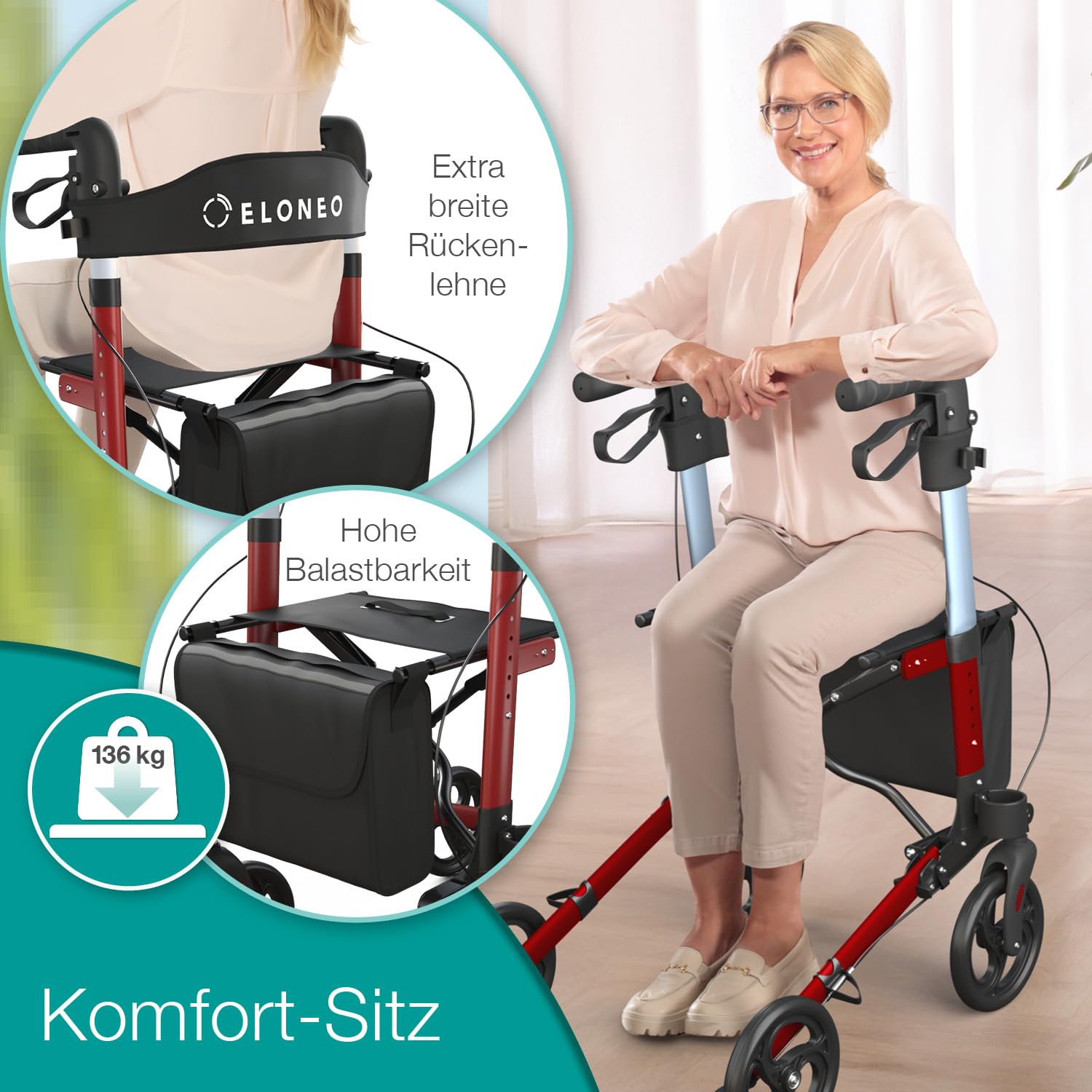 ELONEO Rollator faltbar und leicht mit Sitz, Leichtgewicht-Reiserollator aus Aluminium, Gehhilfe 8-fach höhenverstellbar, Laufhilfe 3-fach faltbar für Kofferraum, Tasche & Schirmhalter Rot 2