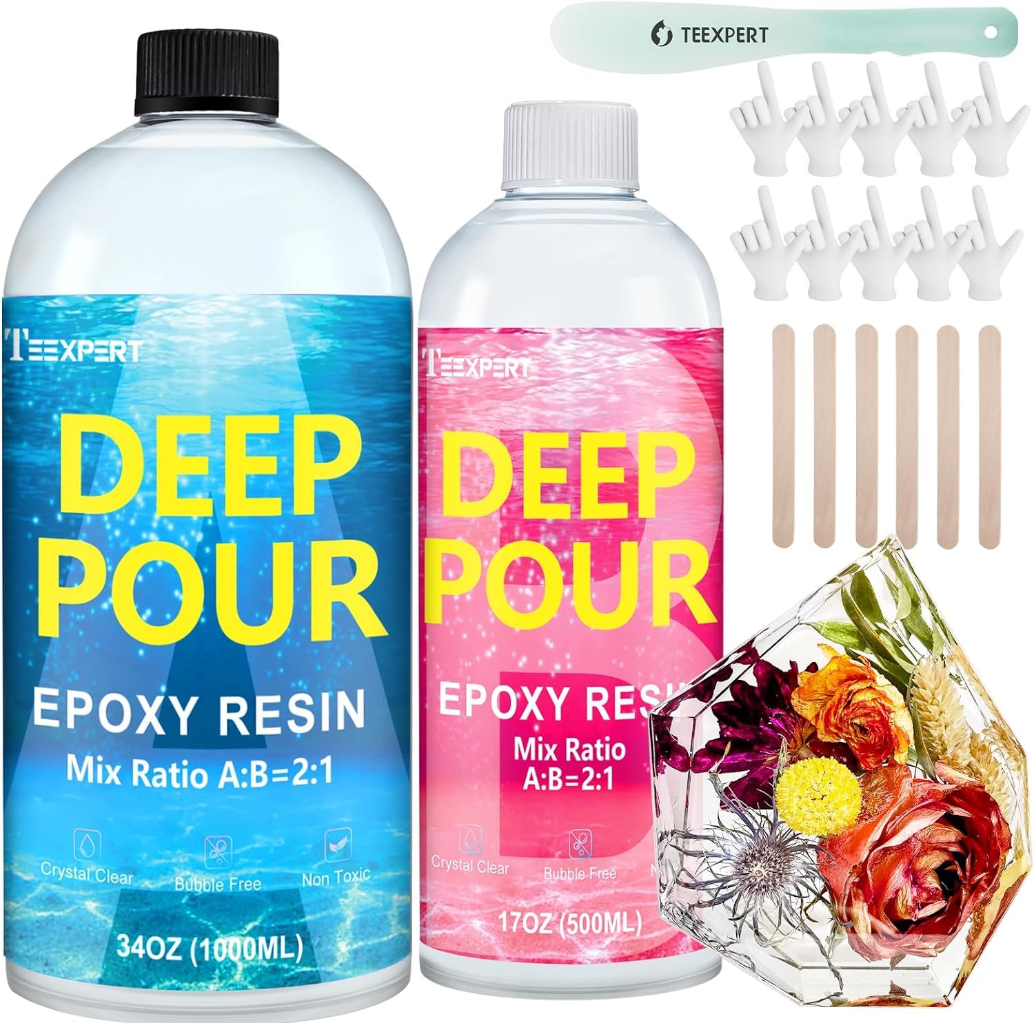 Teexpert Deep Pour Epoxy Resin, 51oz/1.5L Crystal Clear Epoxy Resin Kit for 2-4" Pour Depths, High Gloss Bubble-Free Casting Resin for Flower Preservation River Tables and Mold Crafts - 2:1 Mix Ratio