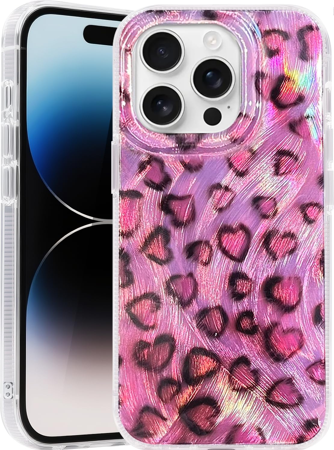 Casegis Compatible with iPhone 13 Pro Case,with [Soft Slim][Camera Protection] Cute Leopard Print Love Shiny Aesthetic Phone Cover Anti-Yellowing Shockproof Protective Cover for Women Girl-Pink