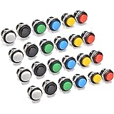 24Pcs 16MM Momentary Push Button on Off Switch Assorted Red Green Yellow Blue White Black,3A 250V AC 2-Pin Self-Resetting Min