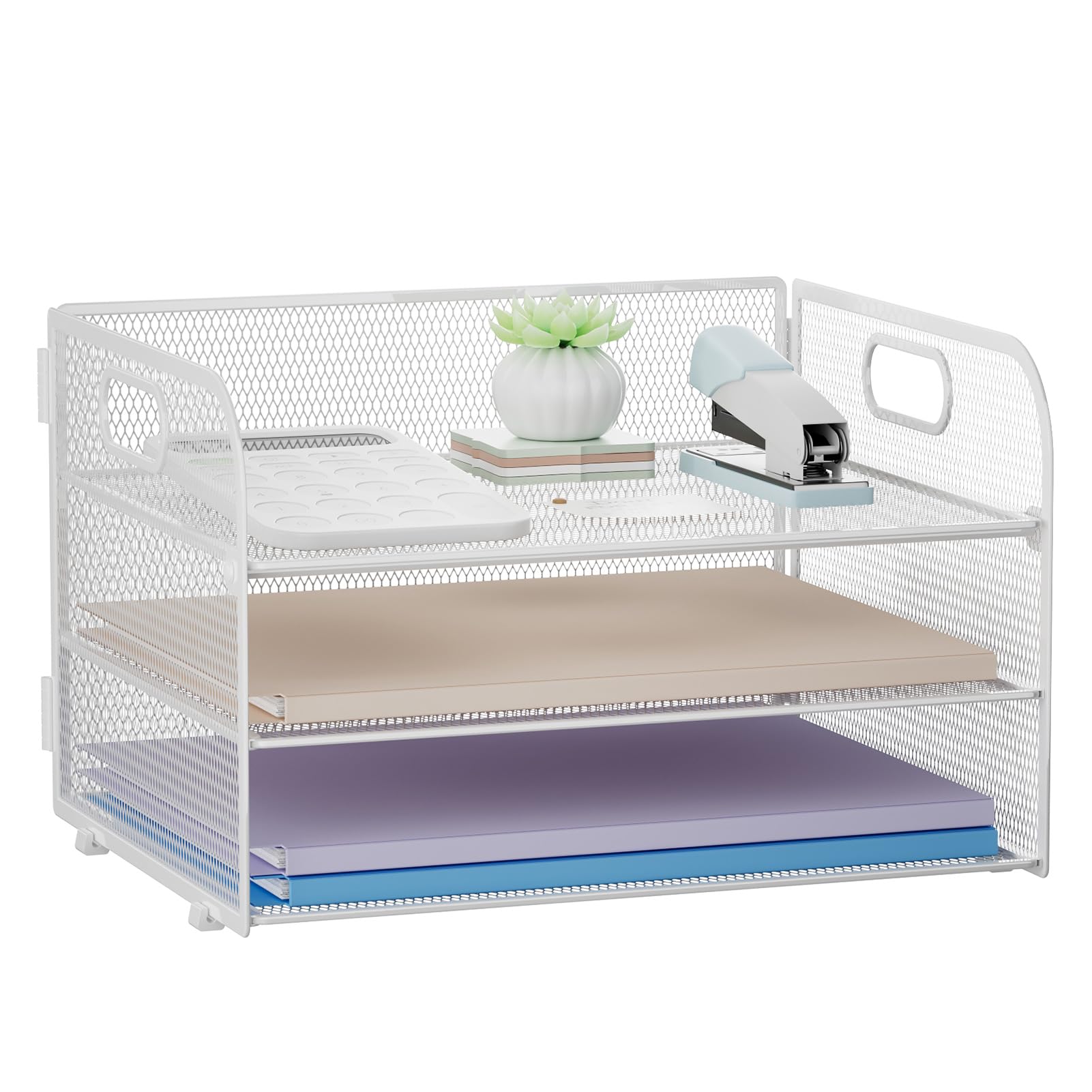 Restorgan 3 Tier Paper Organiser with Handle, Mesh Desk Organiser Letter Tray, Paper Tray Organizer for A4 File Folder, White