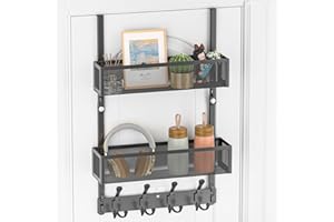 Aimeaihe Over The Door Hooks Organizer, Door Hanger Towel Rack with 2 Baskets, Adjustable Over The Door Coat Rack, Back of Door Storage for Bedroom, Kitchen, Bathroom (Black)