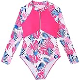 WDIRARA Girl's Tropical Print Zipper Front One Piece Swimsuit High Neck Long Sleeve Swimwear