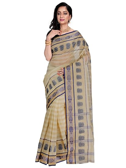 Women's Kamalkudi Cotton Saree Without Blouse Piece (NGT-17_Blue, Tan)