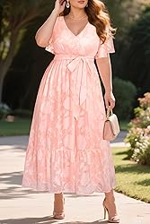 Plus Size Pink Dress for Women Summer Maxi Wrap V