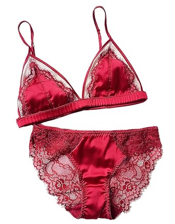 Awake Lingerie Damen Sexy Dessous Set – Satin Spitze Bralette und Transparent Slip ohne Wattierung und Bügel