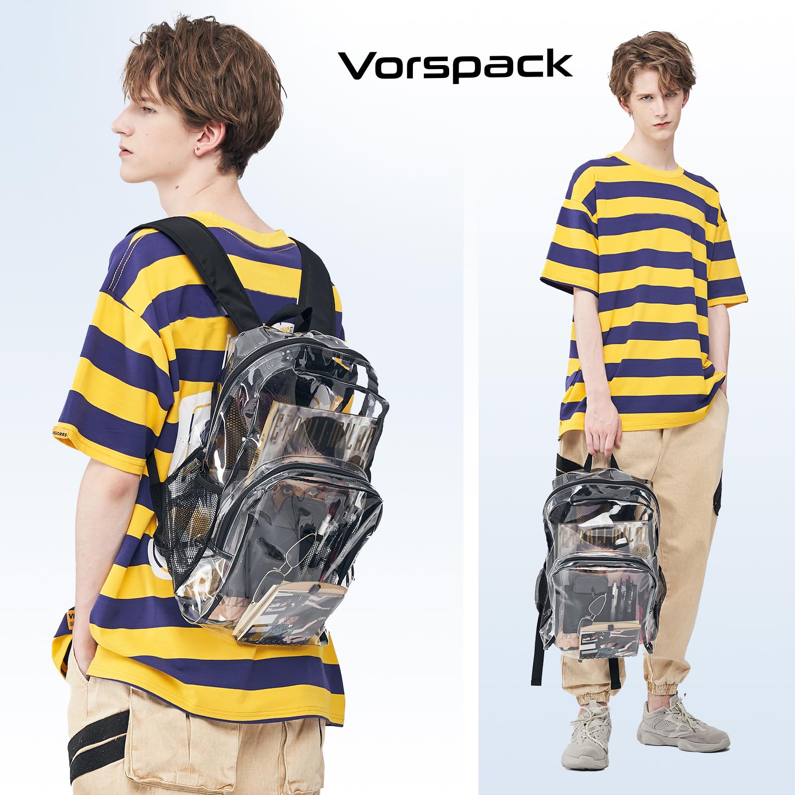 Vorspack Clear Backpack Heavy Duty PVC Transparent Backpack with Reinforced Strap Stitches & Large Capacity for College Workplace Security - Black