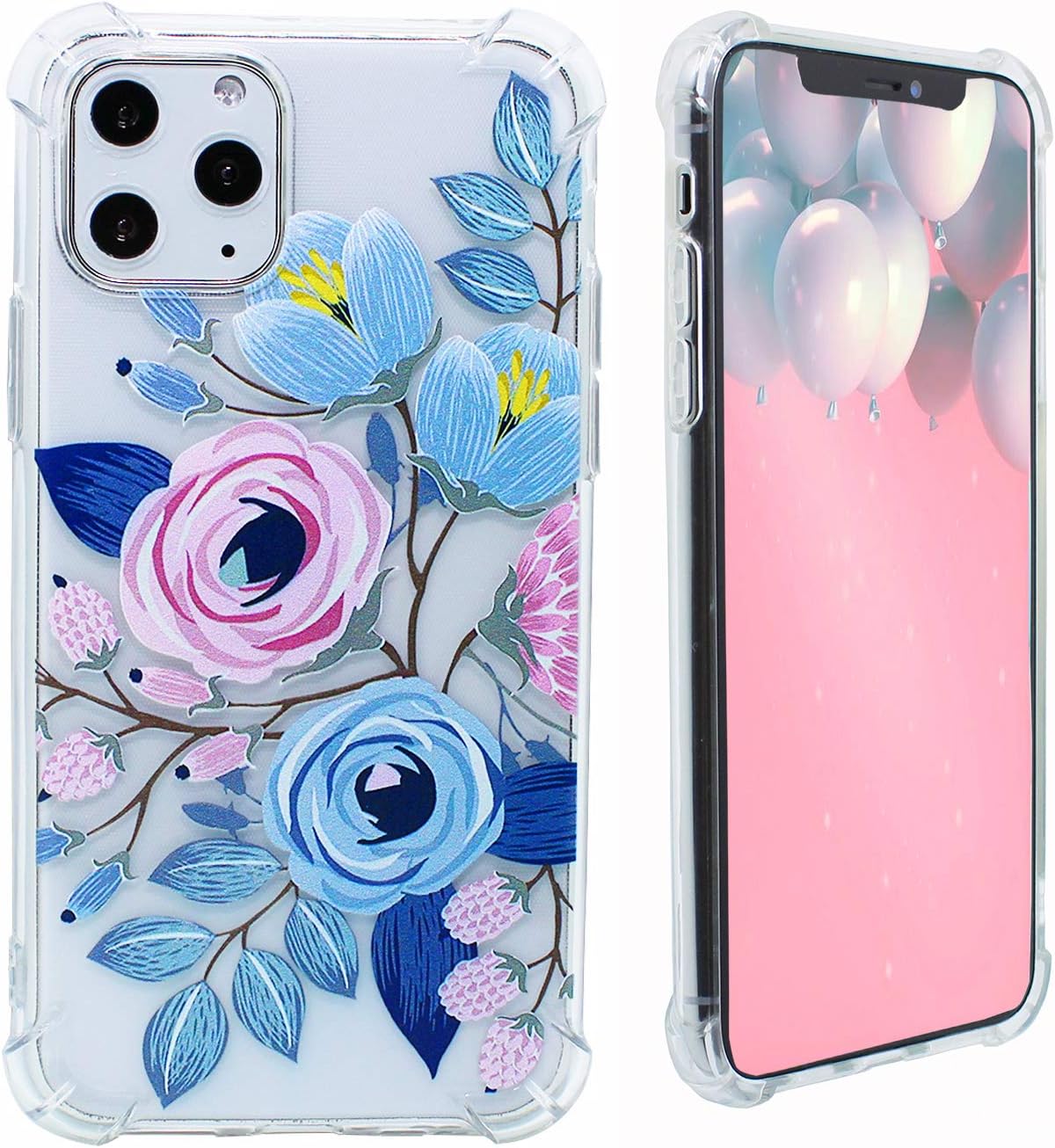 Heyorun Vintage Flowers iPhone 11 Pro Max Clear Case 2019, Pink Blue Flower Girls and Women Floral Back Cover, Flexible TPU Bumper Shockproof Case Cover