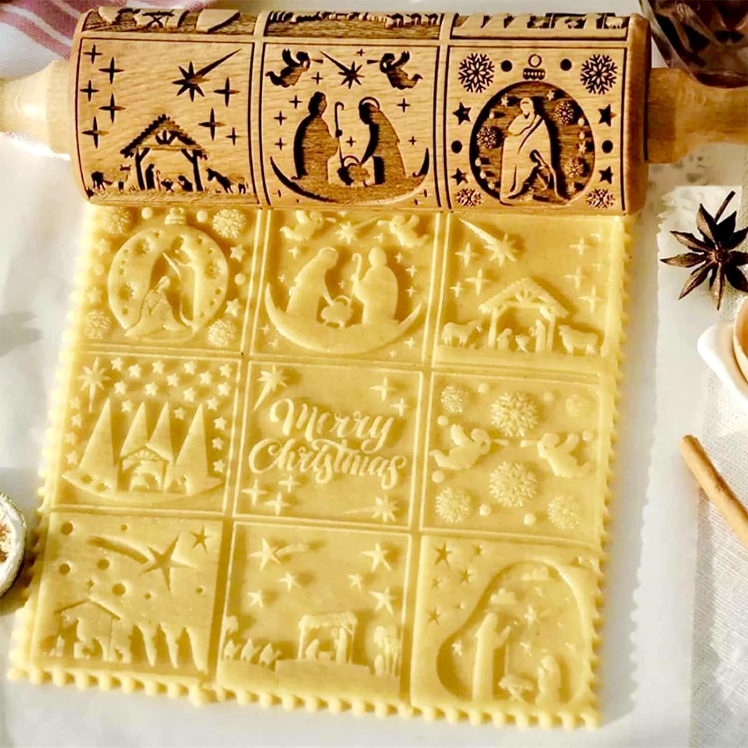 Christmas Rolling Pin, 3D Christmas Embossed Rolling Pins, Wooden Rolling Pin for Baking Engraved, Cookie Stamps Roller Square Grid Cookies Mold Kitchen Baking Tools