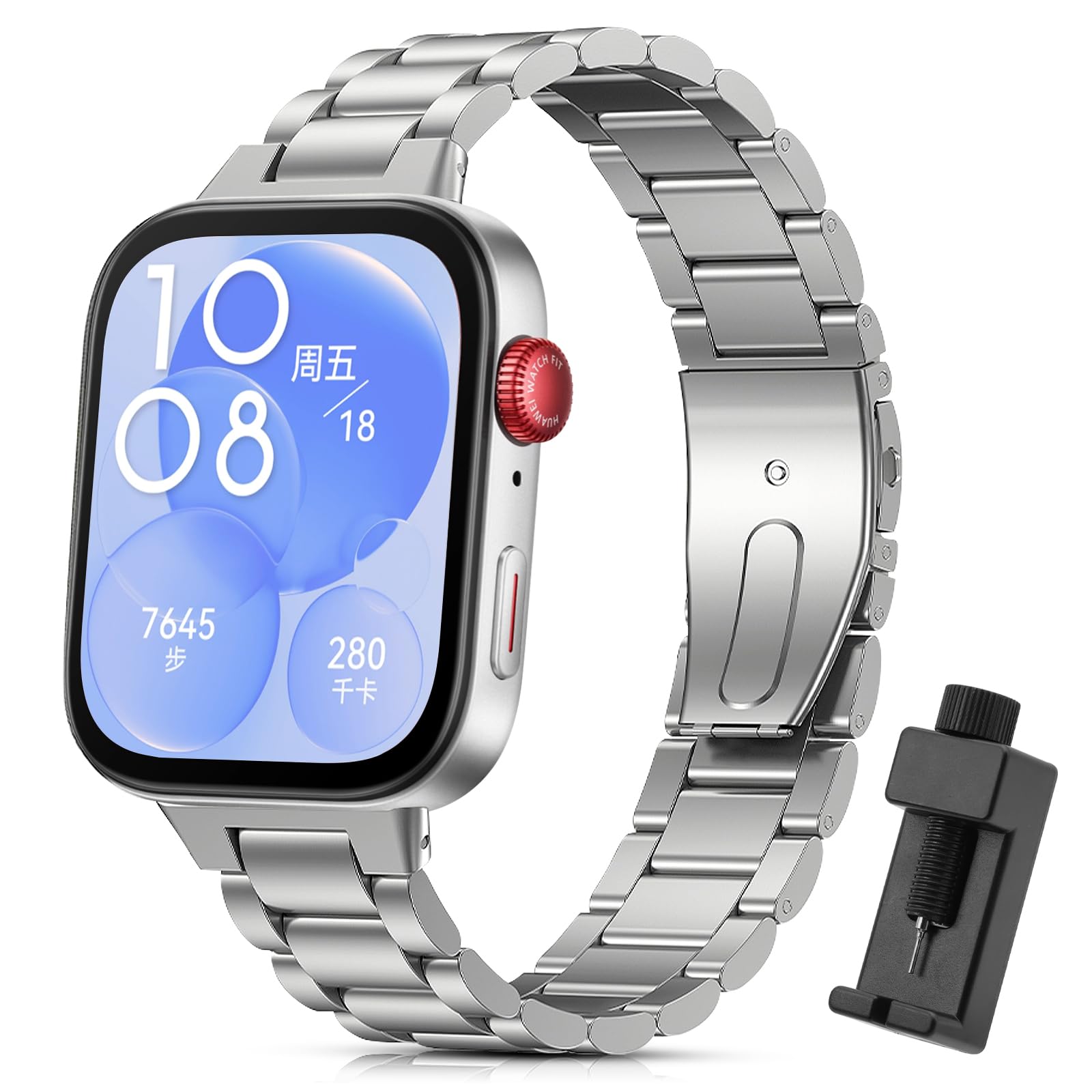 BDIG Compatible Strap for Huawei Watch Fit 3, Adjustable Stainless Steel Replacement Bracelet, Silver, 8.7 inches