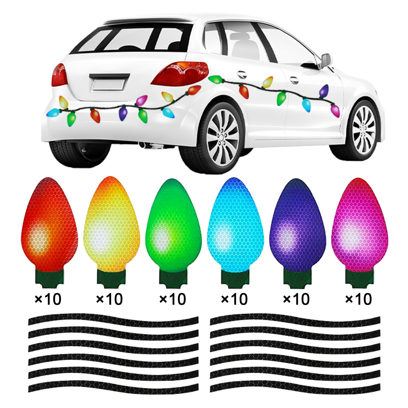 Photo 1 of 100Pcs Christmas Reflective Car Refrigerator Magnets Decorations Set, 60Pcs Reflective Bulb Light Magnets with 40Pcs Lines Magnetic Car Stickers for Garage Xmas Holiday Birthday Mailbox Decor