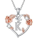 AOBOCO Rose Heart Necklaces Christmas Gifts for Women, 925 Sterling Silver Rose Love Heart Initial Letter Pendant Necklace Jewelry Mothers Day Lover Birthday Gifts for Her Mom Wife Girlfriend