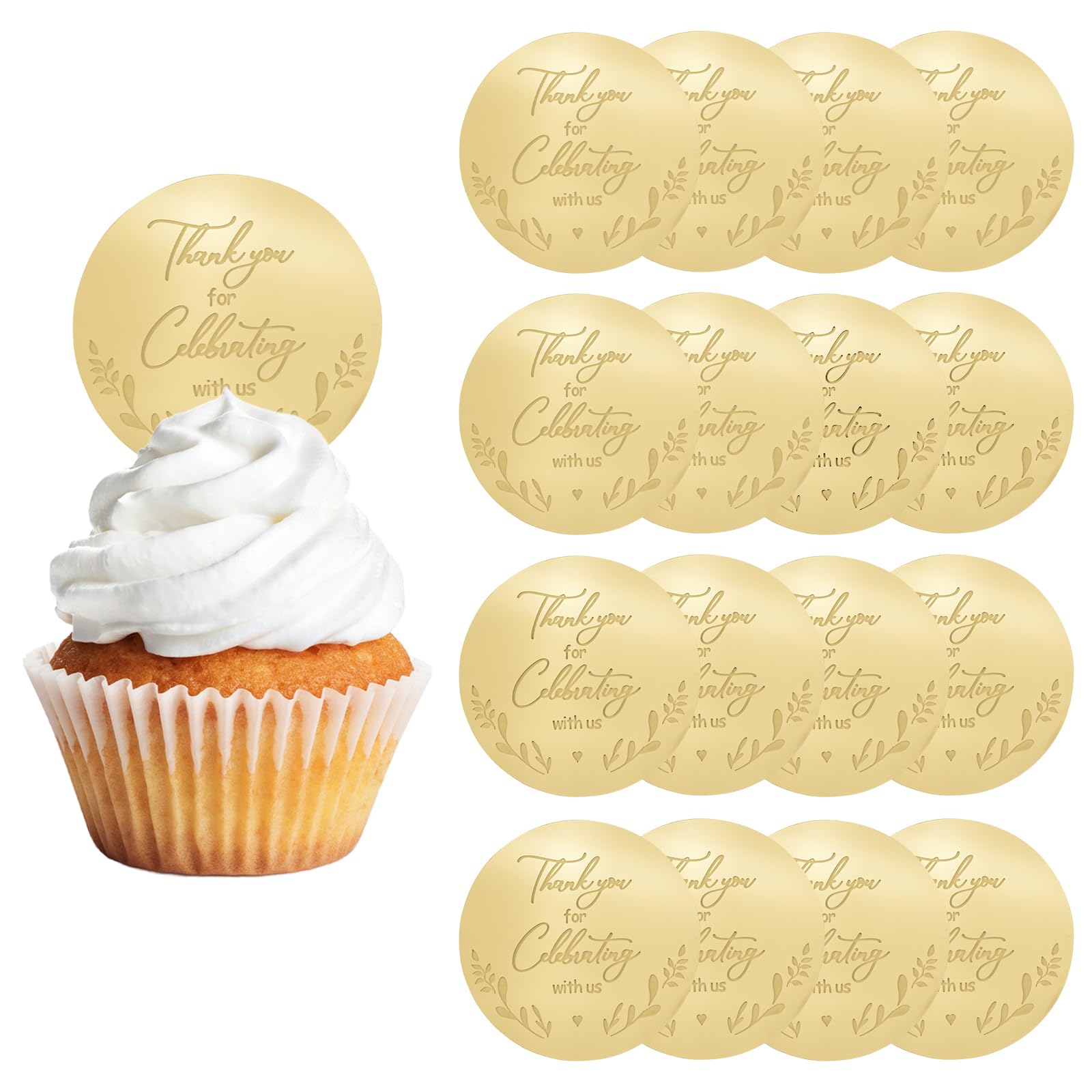 URROMA 20 PCS Round Thank You Acrylic Cake Toppers with Mirror Discs, Personalized Picks Charm (Style10)