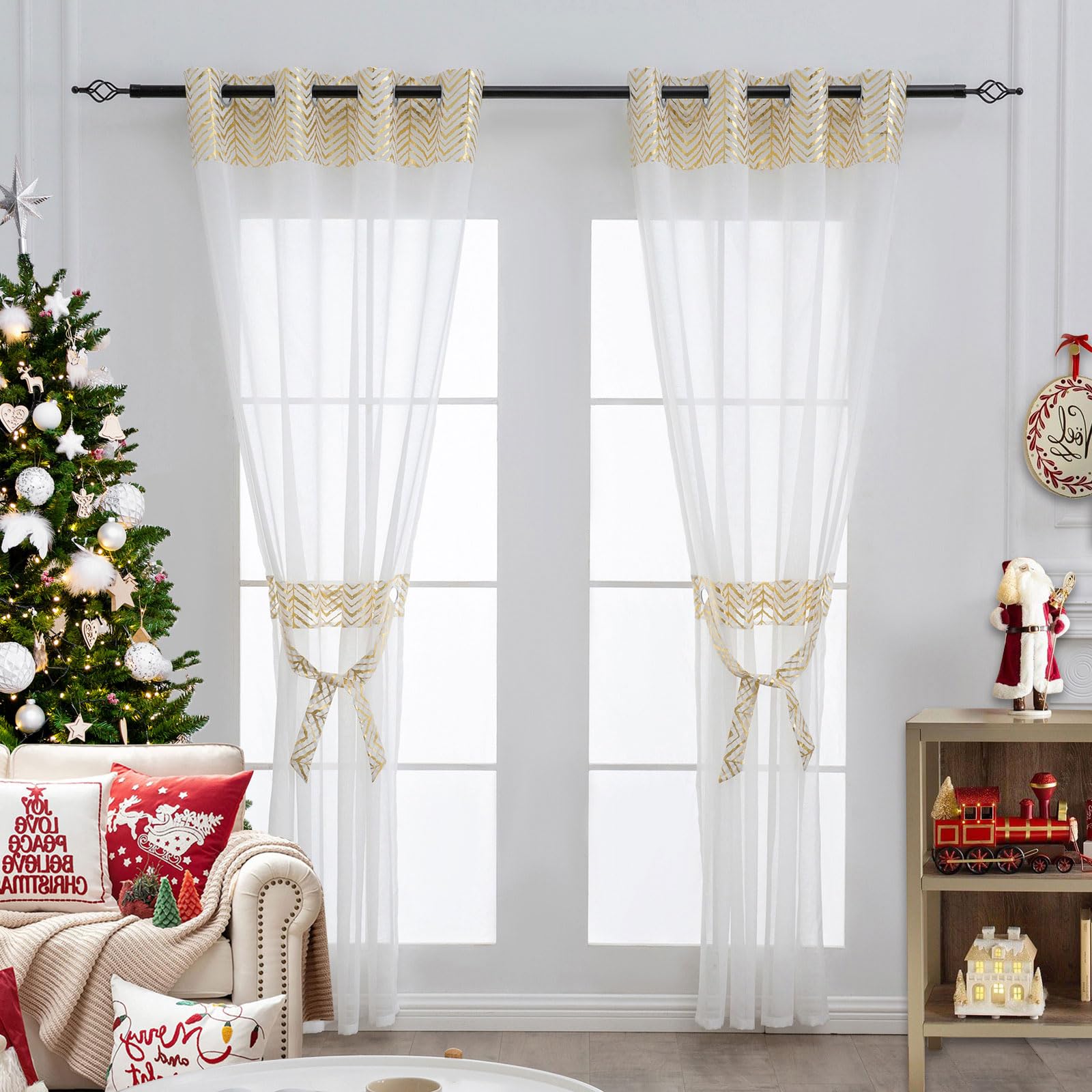 L.Z.E Gold and White Sheer Curtains for Living Room 84-85 Inch Drop with Eyelet Gold Curtains & Drapes for Bedroom 215 cm Long Transparent Window Sheers with Tiebacks Grommet Top