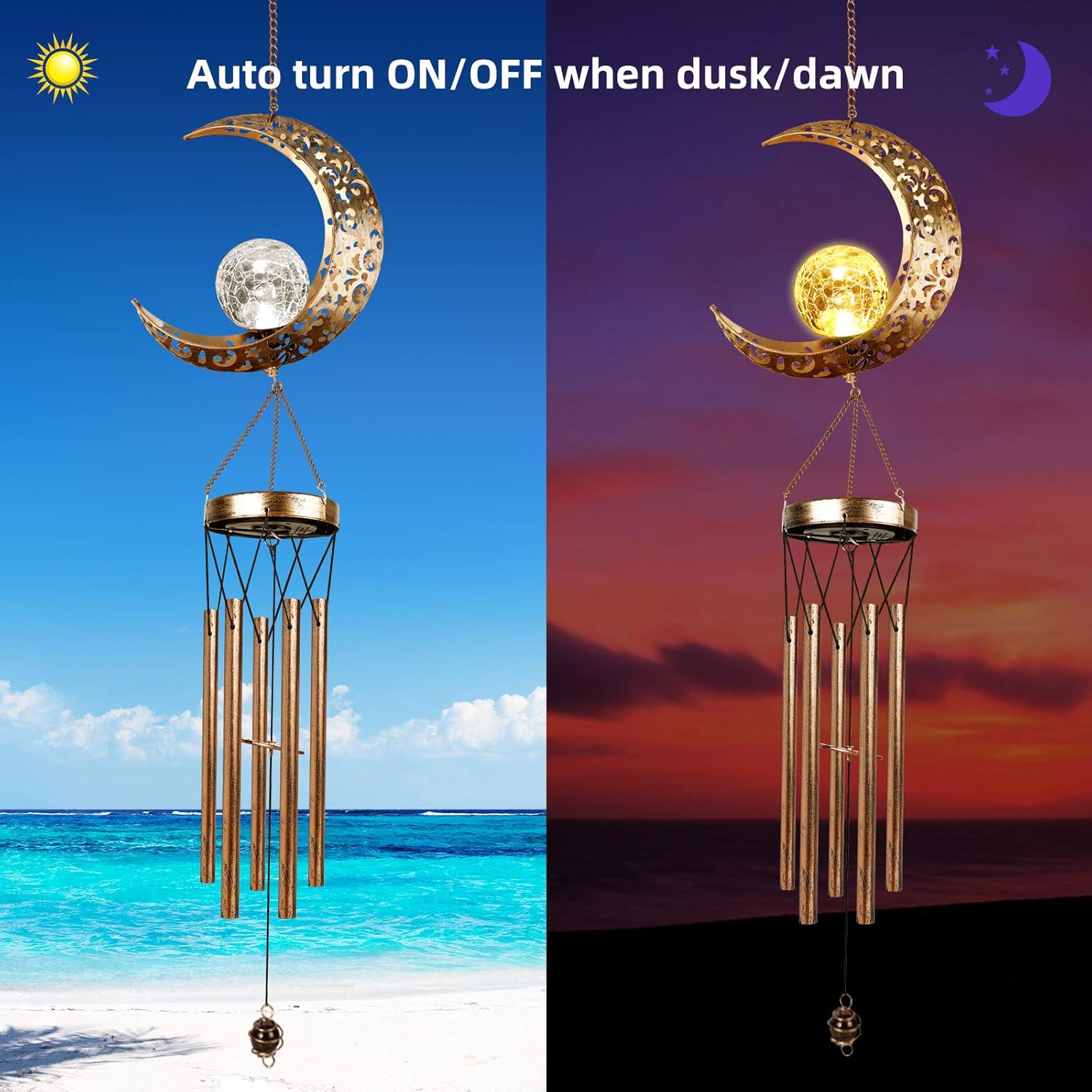 DesGully Wind Chimes, Moon Crackle Glass Ball Solar Wind Chimes with Amazing Deep Tone Outside Garden Decor for Spiritual Gifts, Unique Hanging Decor for Mom Women Grandma(41" Heavy-Duty Metal Chimes) : Garden & Outdoor