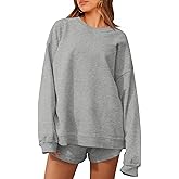 Tankaneo Womens Oversized 2 Piece Outfits Sweatsuit Casual Long Sleeve Crewneck Sweatshirts Sweat Shorts Fall Lounge Sets