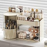Makeup Organizer with Rotating Brush Holder Cosmetic Organizer with Drawers Countertop Skincare Organizer for Vanity,Cosmetic Display Case Storage (Cream, Large)