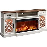OKD Farmhouse TV Stand with Fireplace, 70'' Entertainment Center Stand with 36" 3-Sided Glass Electric Fireplace for TVs Up to 80 in, with 2 Drawers & 2 Storage Cabinet for Living Room, Antique White | with Fireplace, 36", for TVs Up to 80 in, 2 Drawers, 2 Storage Cabinet