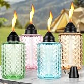 Table Citronella Torches 4 Pack, 12oz Glass Table Top Torches for Outside Lighting, Outdoor Torch Canisters Includes Wick &amp; Cap for Yard,Patio &amp; Backyard Parties D&eacute;cor (Multi-Color)