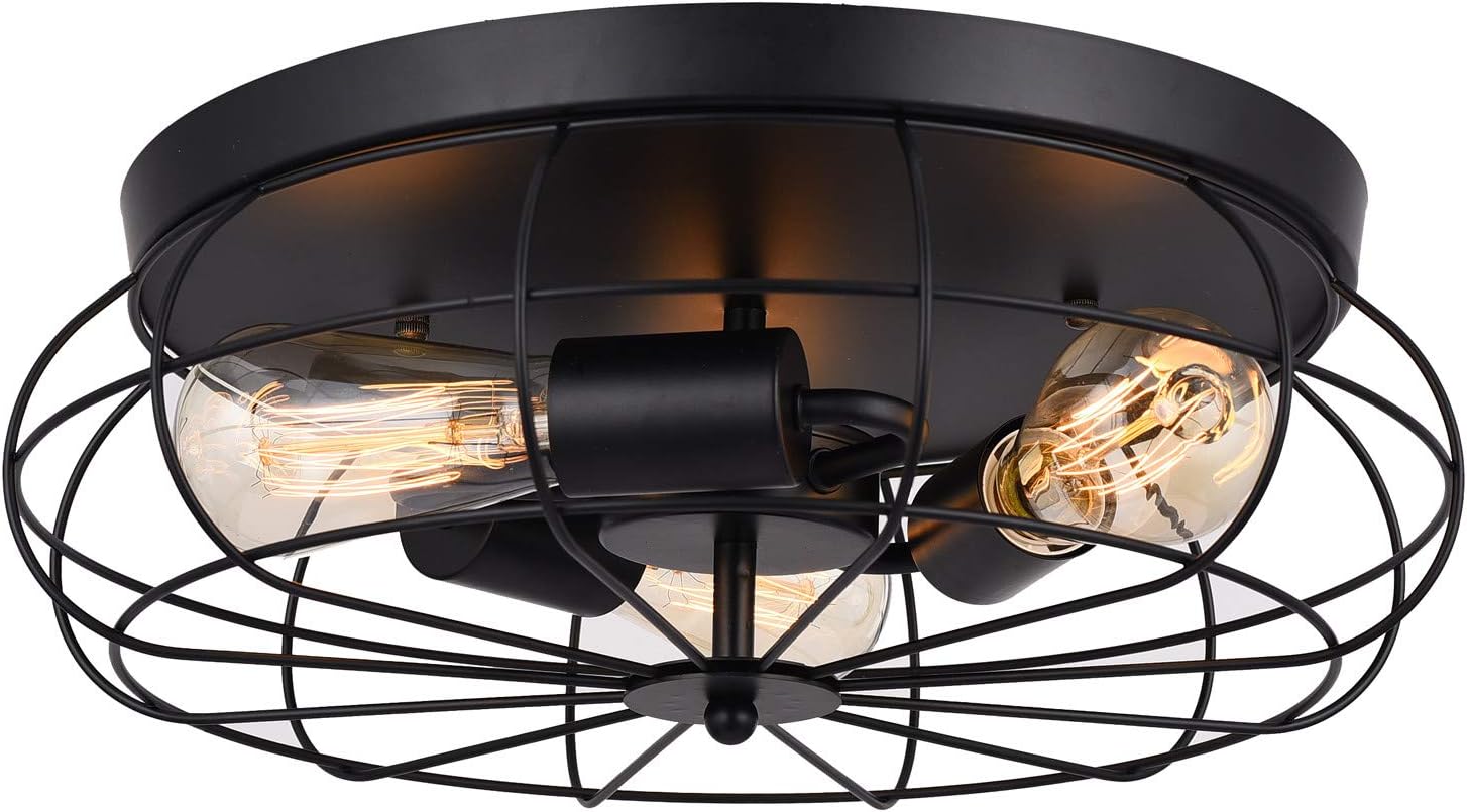 LOKHOM Industrial Semi Flush Mount Ceiling Light, Oil Rubbed Finish, 3-Light Rustic Metal Cage Kitchen Ceiling Light Fixture for Farmhouse Living Room Dining Room Bedroom Hallway, E26, Black