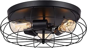 LOKHOM Industrial Semi Flush Mount Ceiling Light, Oil Rubbed Finish, 3-Light Rustic Metal Cage Kitchen Ceiling Light Fixture for Farmhouse Living Room Dining Room Bedroom Hallway, E26, Black