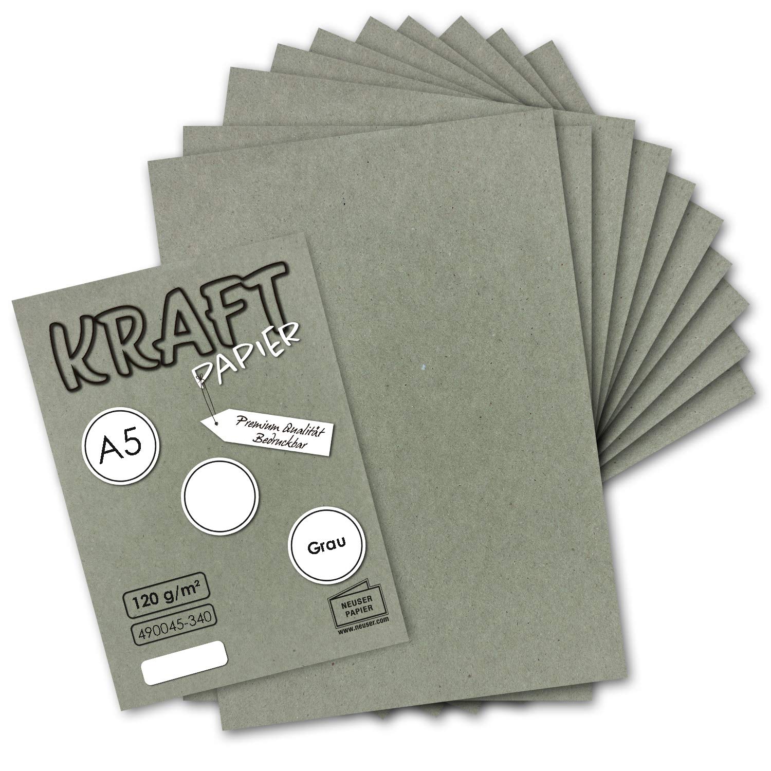 NEUSER PAPIER 50 sheets - Vintage kraft paper in grey DIN A5 120 g/m² grey recycled paper - 21 x 14.8 cm - ecological letter sheets - stationery -