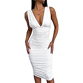 BEAGIMEG Women's Sexy Elegant Sleeveless Deep V Ruched Thick Straps Low Back Cocktail Evening Party Midi Dress