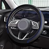 Car Steering Wheel Cover, Universal 14.5-15 Inch Black Leather Steering Wheel Wrap with Better Sport Grip for Men Women, Anti-Slip Breathable Car Interior Accessories for Most Cars (Black with Blue)