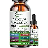 Calcium Magnesium Zinc Liquid Drops, Liquid Magnesium Glycinate 500mg Calcium 1000mg with Vitamin D3,K2,B6,B12,Coq10 for Bone Strength, Muscle Function,6X Stronger Than Gummies Capsules