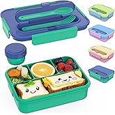 Caperci Bento Box for Kids - 50oz Larger Lunch Box Containers for Kids, Reinforced Leakproof, Built-in Sauce Cup, Utensils, 4 Compartments, BPA-Free Microwave & Dishwasher Safe (Navy/Green)