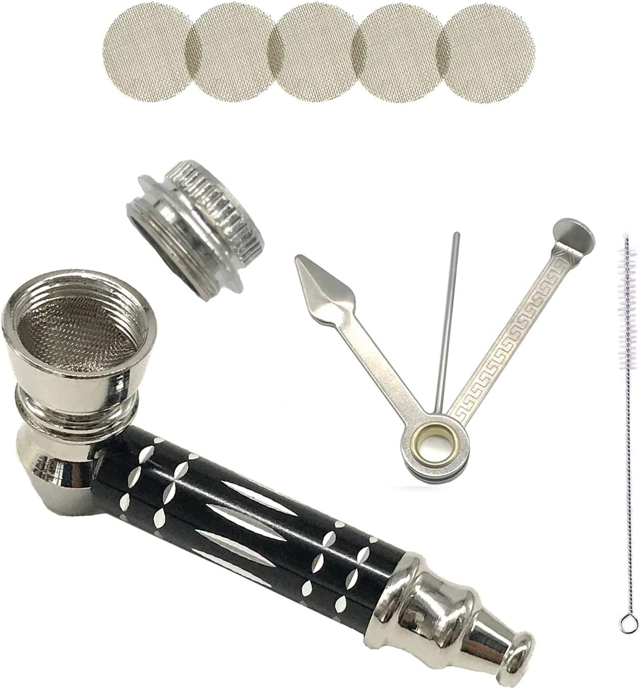 Attractive Portable Mini Herbal Pipe with Lid, 5 Packs Stainless Steel Mesh Screen Filters, 1 Pc 3-in-1 Cleaning Tool and 1 Pc Nylon Brush (Black)