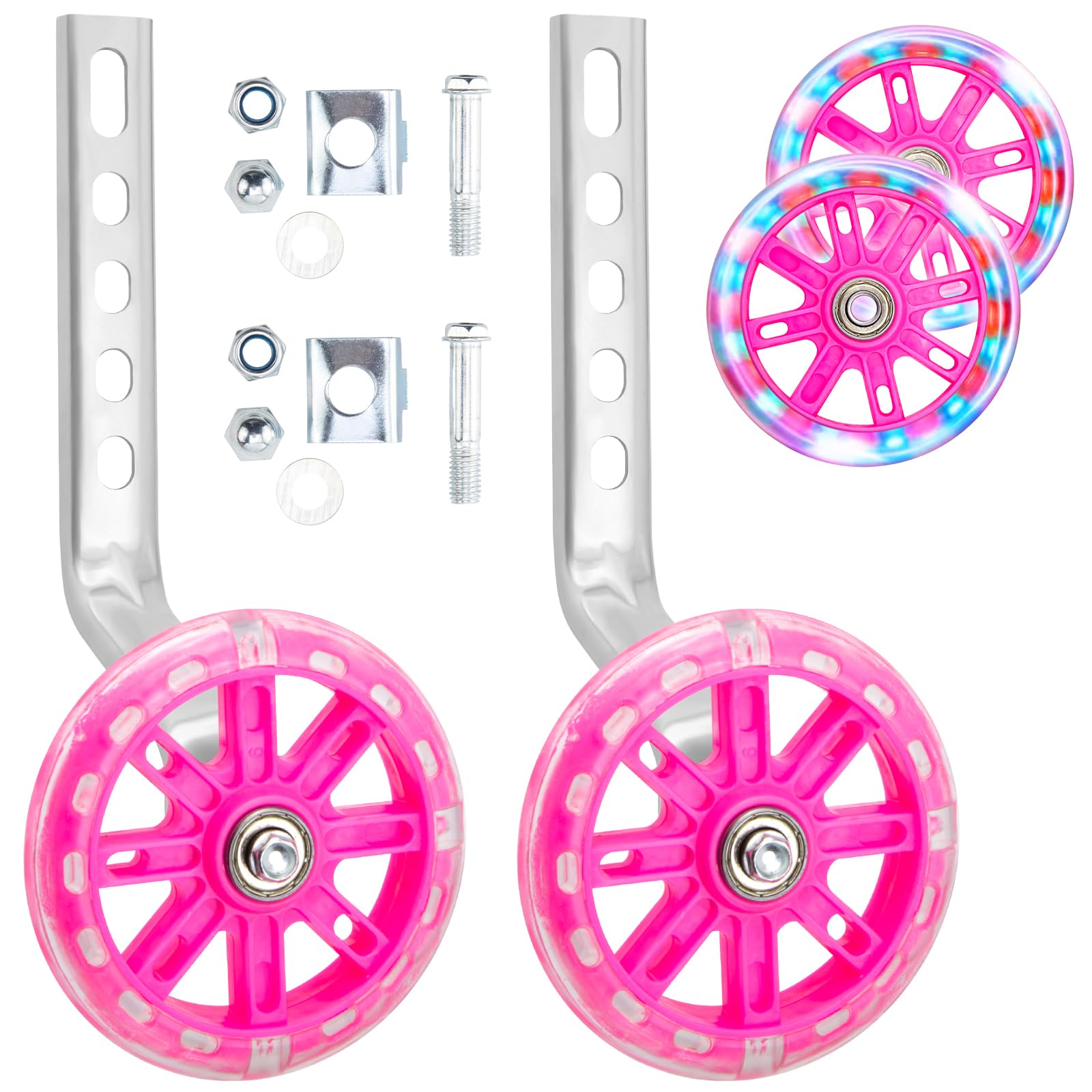 NONMON Kids Bike Stabilisers for Childs Bicycle Support Training Wheels 12 14 16 18 20 Inch Flash Wheels with Adjustable Bicycle Stabiliser Mounted Kit for Boys Girls, Pink