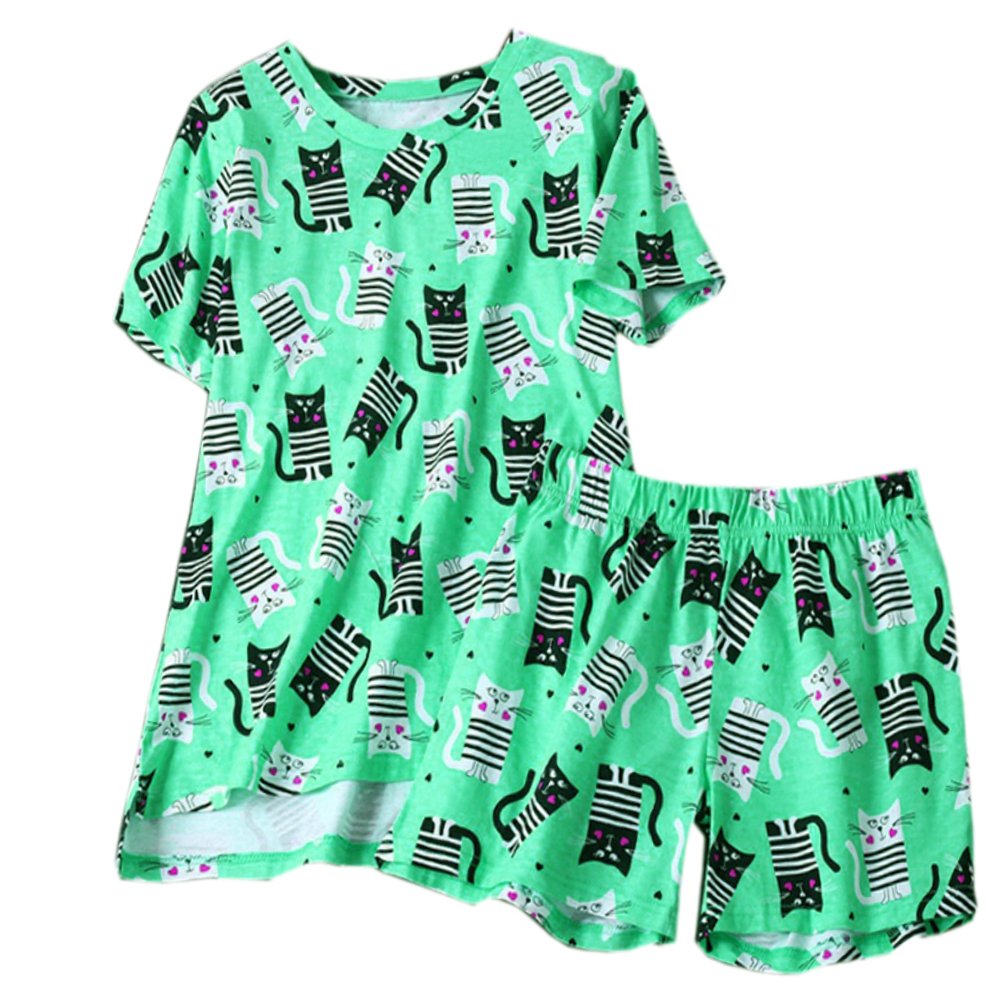 ENJOYNIGHT Women\'s Print Tee Sleepwear and Shorts Nightgown Pajama Set (Large, Cat)