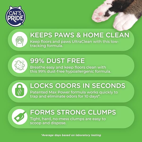 CAT’S PRIDE MAX POWER: ULTRACLEAN LOW TRACKING MULTI-CAT CLUMPING LITTER – KEEPS PAWS & HOME CLEAN – UP TO 10 DAYS OF POWERFUL ODOR CONTROL – 99% DUST FREE – UNSCENTED, 15 POUNDS