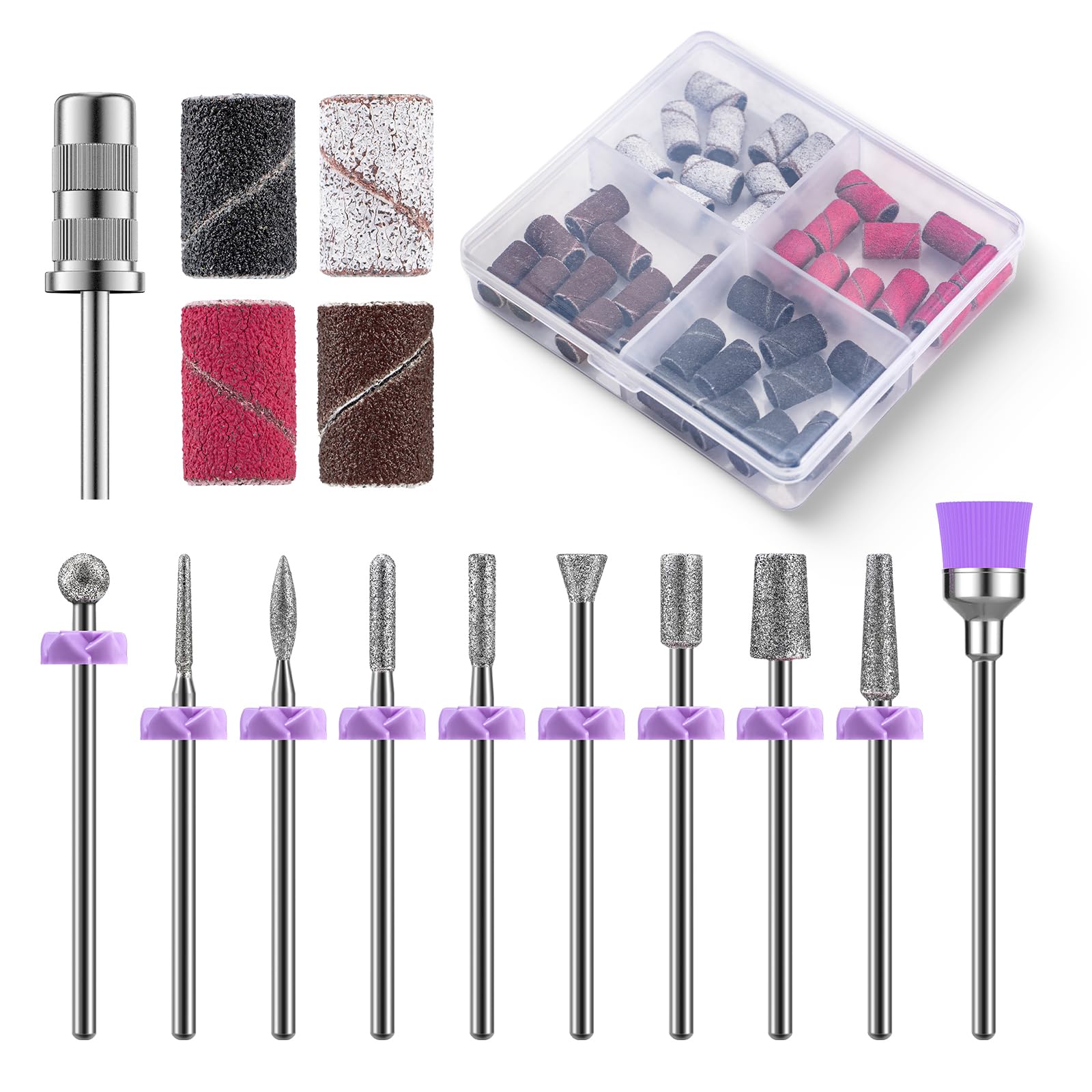 MelodySusie Nail Drill Bits, 10Pcs Diamond Sanding Bit Set with 40pcs Sanding Bands (#120#180#240 Grits) with 6.65mm Mandrel Bit, Nail Gel Polish Remover Tool for Acrylic Nails Manicure Nail Prep