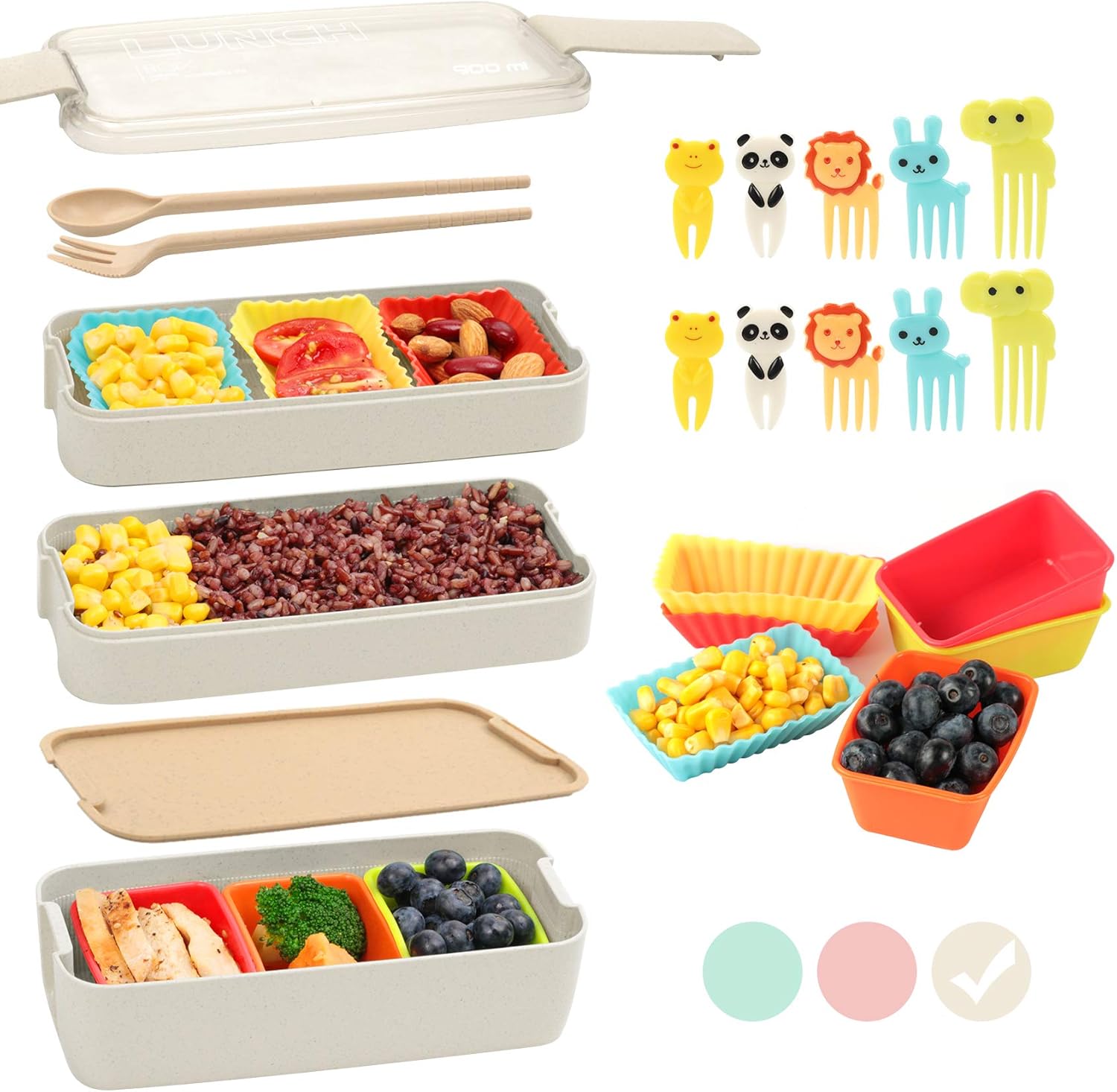 Bento Box for Kids with Silicone Cupcake Baking Cups & Food Picks for Kids,3-In-1 Compartment Lunch Box, Wheat Straw, Eco-Friendly Bento Lunch Box with Dividers Meal Prep Containers for Kids (Beige)