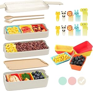 Bento Box for Kids with Silicone Cupcake Baking Cups & Food Picks for Kids,3-In-1 Compartment Lunch Box, Wheat Straw, Eco-Friendly Bento Lunch Box with Dividers Meal Prep Containers for Kids (Beige)